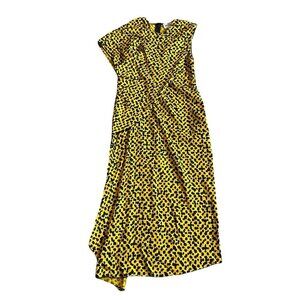 Bimba Y Lola Yellow Black Print Shift Dress Asymmetrical Unique Bold Size XS